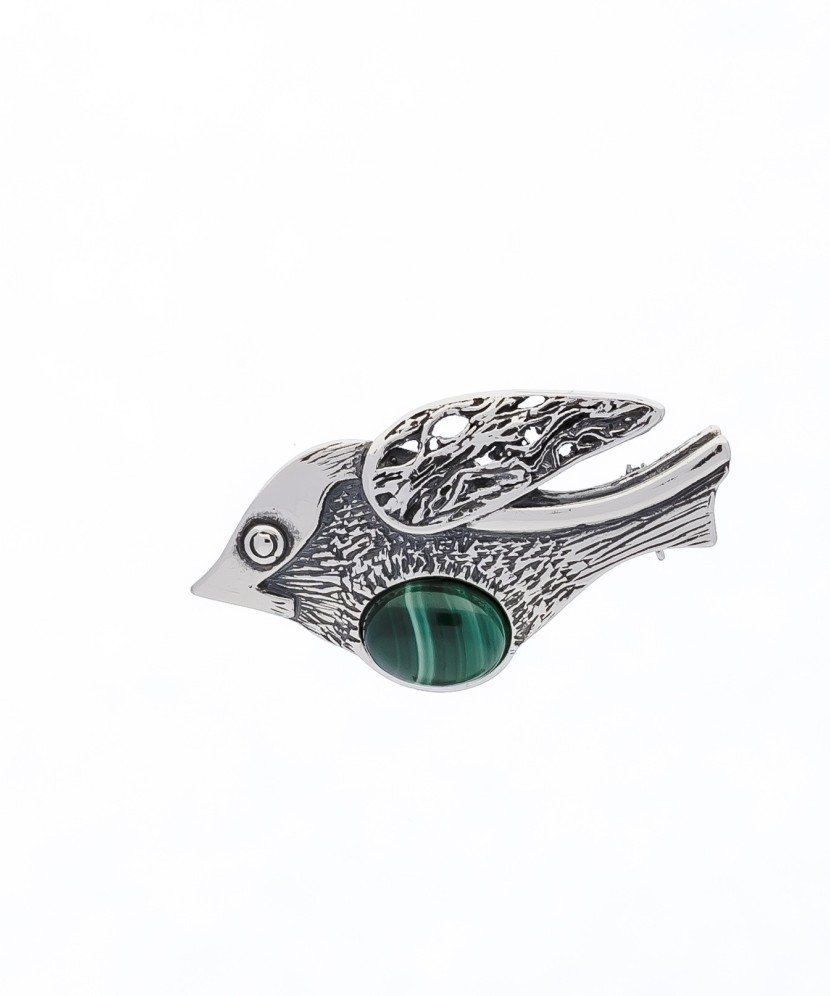 Sidabrinė sagė su malachitu "Paukštis" - Sagės - Goldinga