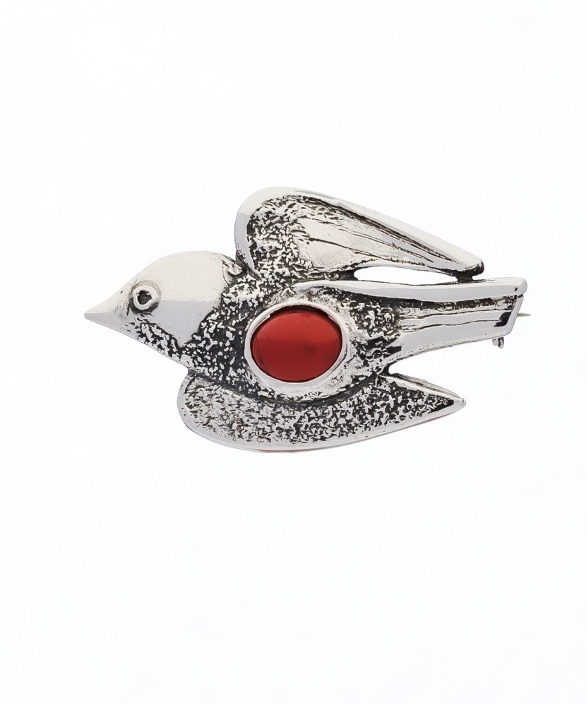 Sidabrinė sagė su koralu "Paukštis" - Sagės - Goldinga