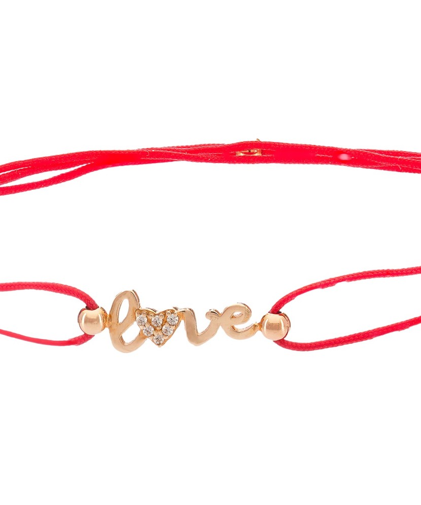 Raudono siūlo apyrankė su auksiniu pakabuku "Love" - Siūlų apyrankės su auksu - Goldinga