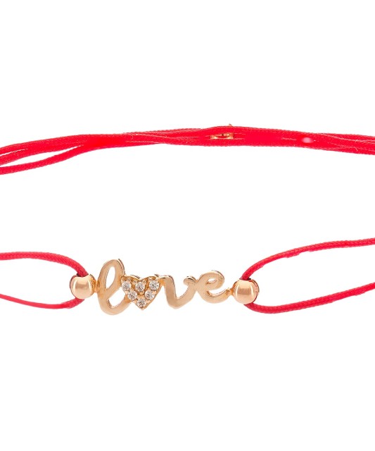 Raudono siūlo apyrankė su auksiniu pakabuku "Love" - Siūlų apyrankės su auksu - Goldinga