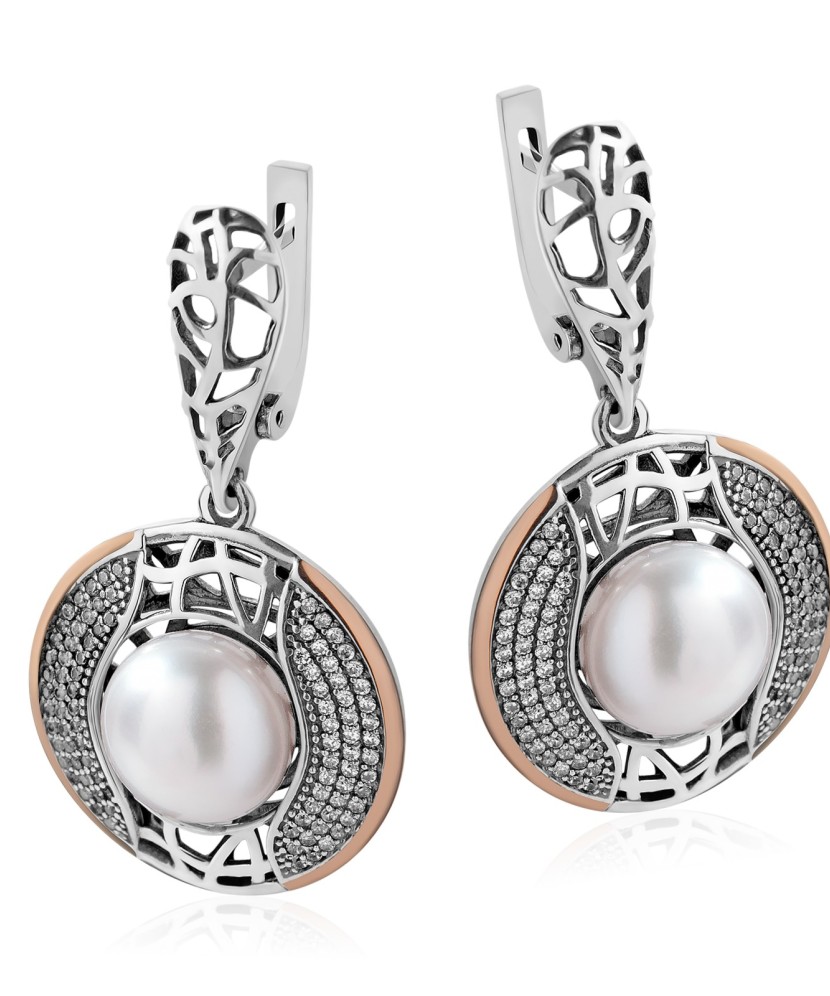 Sidabriniai auskarai su perlu ir cirkoniais dengti auksu - Auskarai su perlais - Goldinga