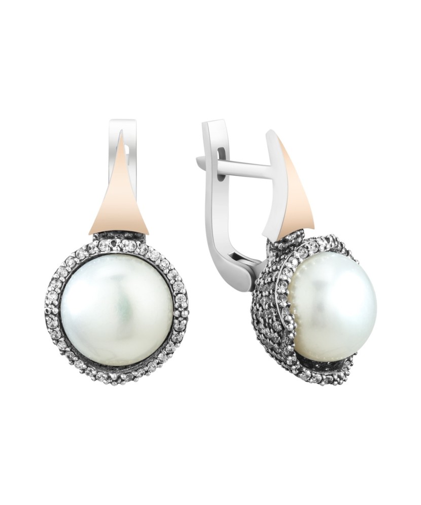 Sidabriniai auskarai su perlu ir cirkoniais dengti auksu - Auskarai su perlais - Goldinga