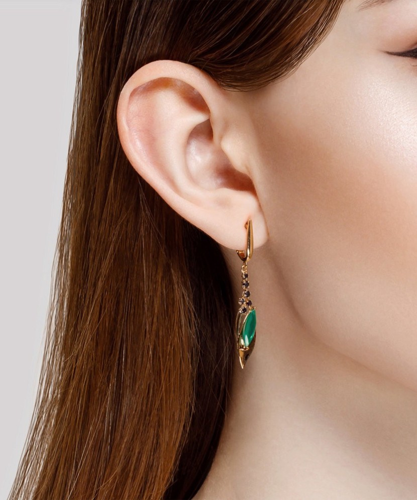 Auksiniai auskarai su korundais ir agatu - Auksiniai auskarai - Goldinga