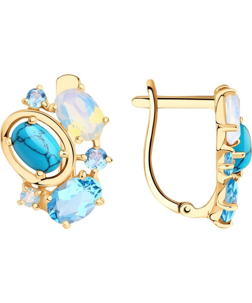 Auksiniai auskarai su sitalais, sintetiniais turkiais, opalais ir topazais - Auksiniai auskarai - Goldinga