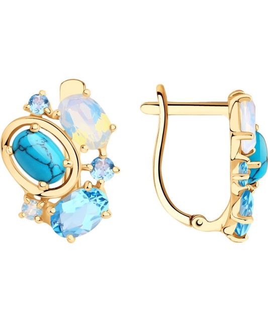 Auksiniai auskarai su sitalais, sintetiniais turkiais, opalais ir topazais - Auksiniai auskarai - Goldinga