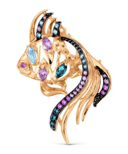 Auksinė sagė su ametistais, topazais ir cirkoniais - Sagės - Goldinga