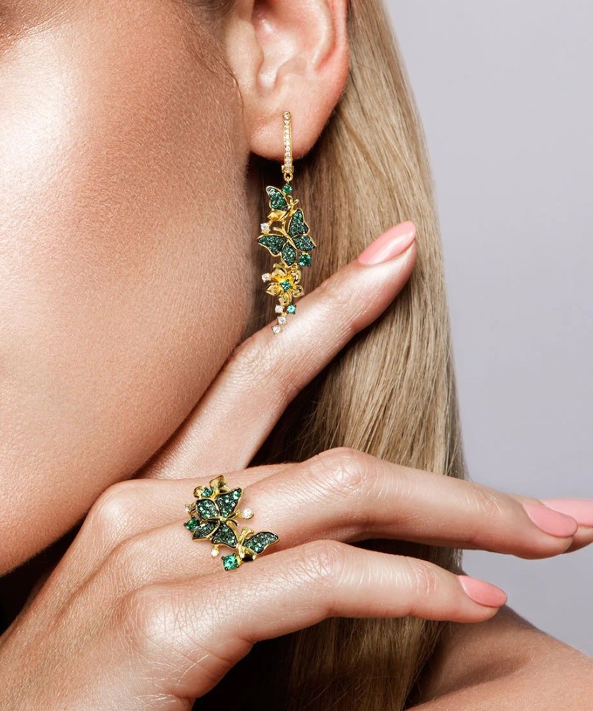 Sidabrinis paauksuotas žiedas su cirkoniais "Drugeliai" - Sidabriniai žiedai - Goldinga