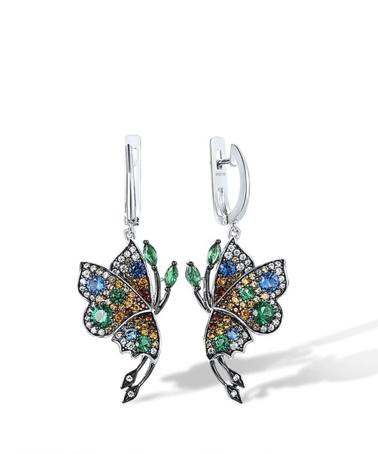 Sidabriniai auskarai su cirkoniais ir špineliais "Drugelis"