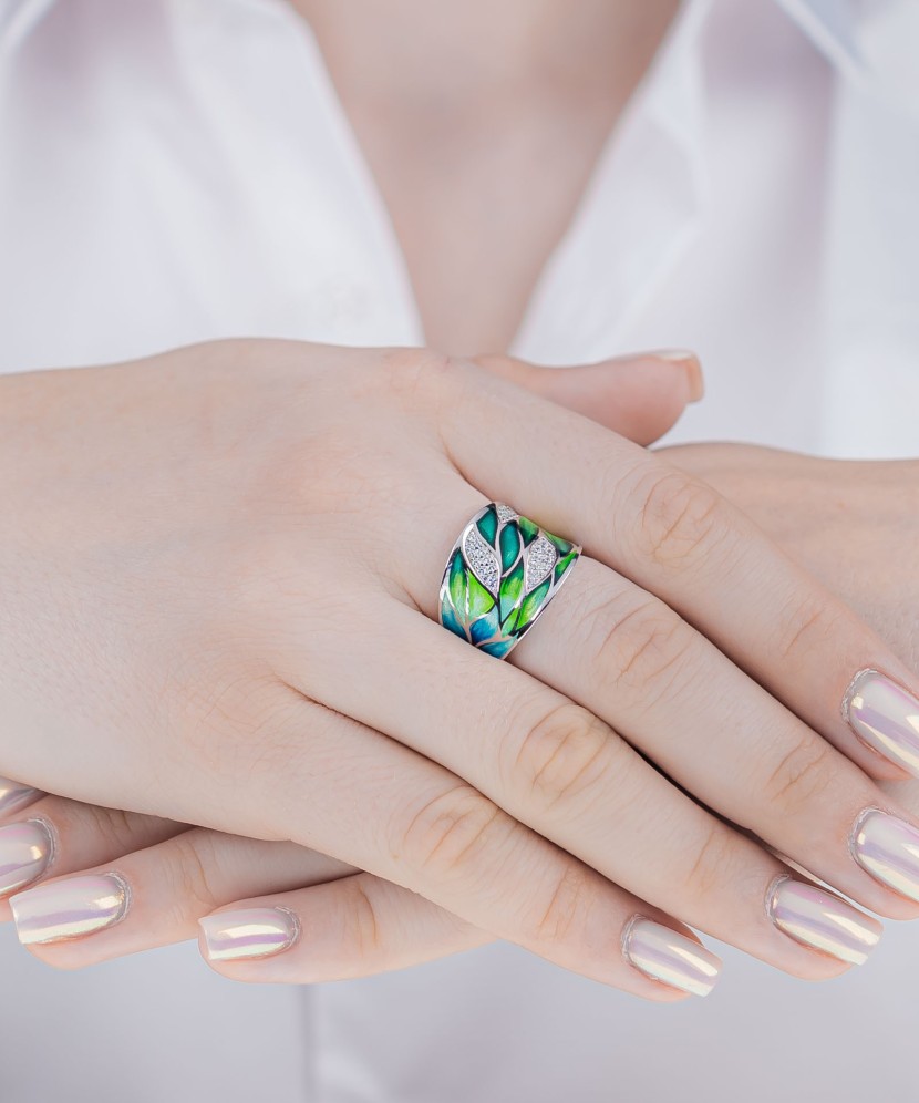 Sidabrinis žiedas su emale ir cirkoniais - Perkamiausi - Goldinga