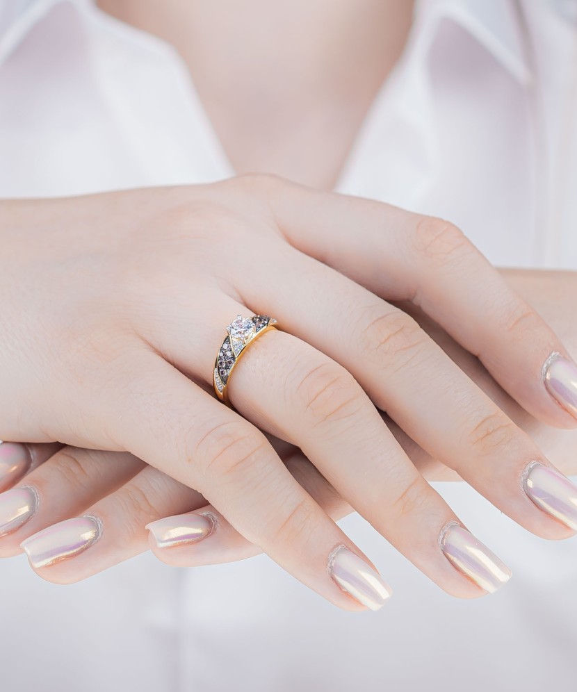 Paauksuotas sidabrinis žiedas su kvarcu ir cirkoniais