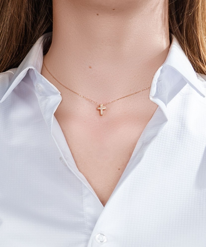 Auksinė grandinėlė su cirkonio pakabuku "Kryželis" - Auksinės grandinėlės su pakabukais - Goldinga