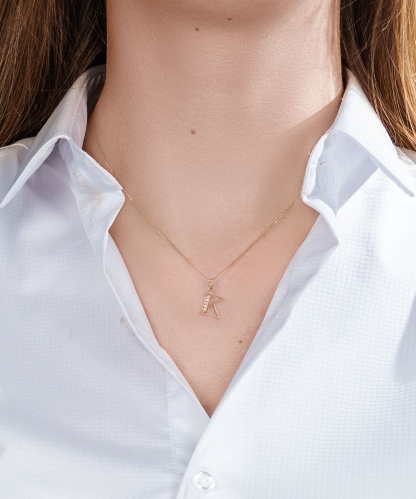 Auksinis pakabukas su cirkoniais raidė K - Auksiniai pakabukai - Goldinga