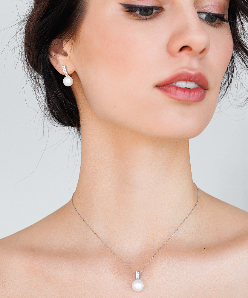 Sidabriniai auskarai su perlais ir cirkoniais - Auskarai su perlais - Goldinga