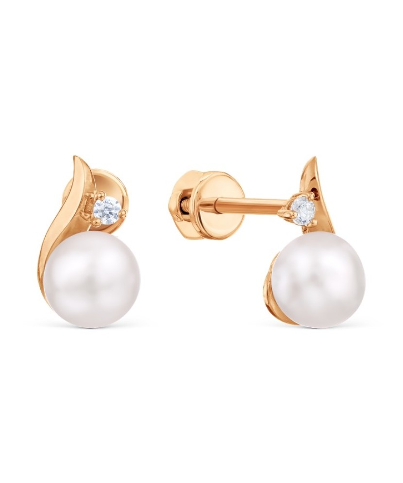 Auksiniai auskarai su perlu ir cirkoniais - Auskarai su perlais - Goldinga