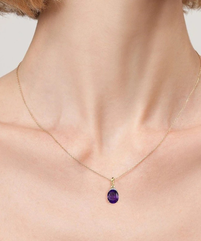 Geltono aukso pakabukas su ametistu ir deimantais - Pakabukai su brangakmeniais - Goldinga