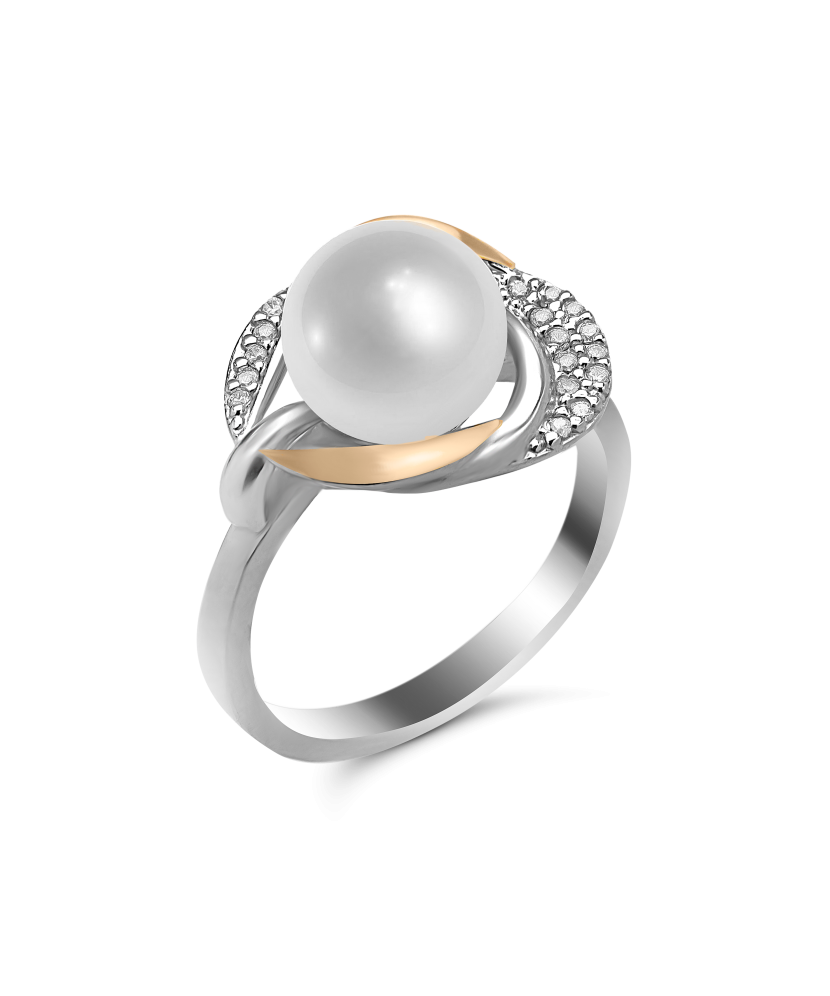 Sidabrinis žiedas su perlu ir cirkoniais dengtas auksu - Sidabriniai žiedai - Goldinga