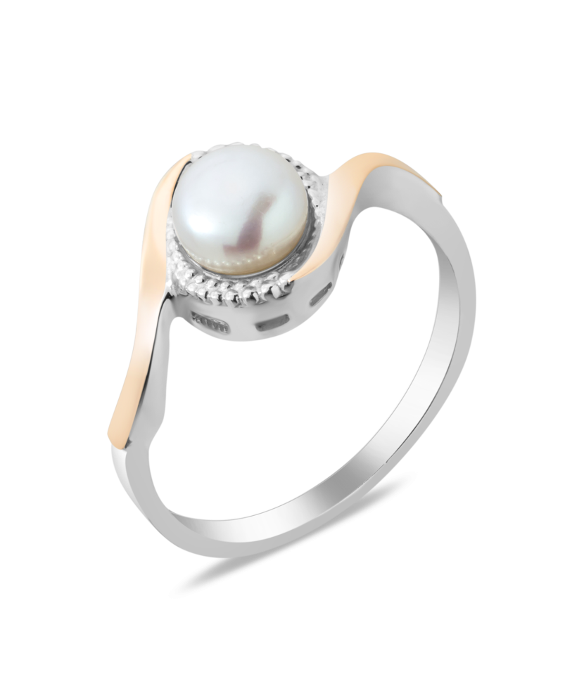 Sidabrinis žiedas su perlu ir cirkoniais dengtas auksu - Sidabriniai žiedai - Goldinga
