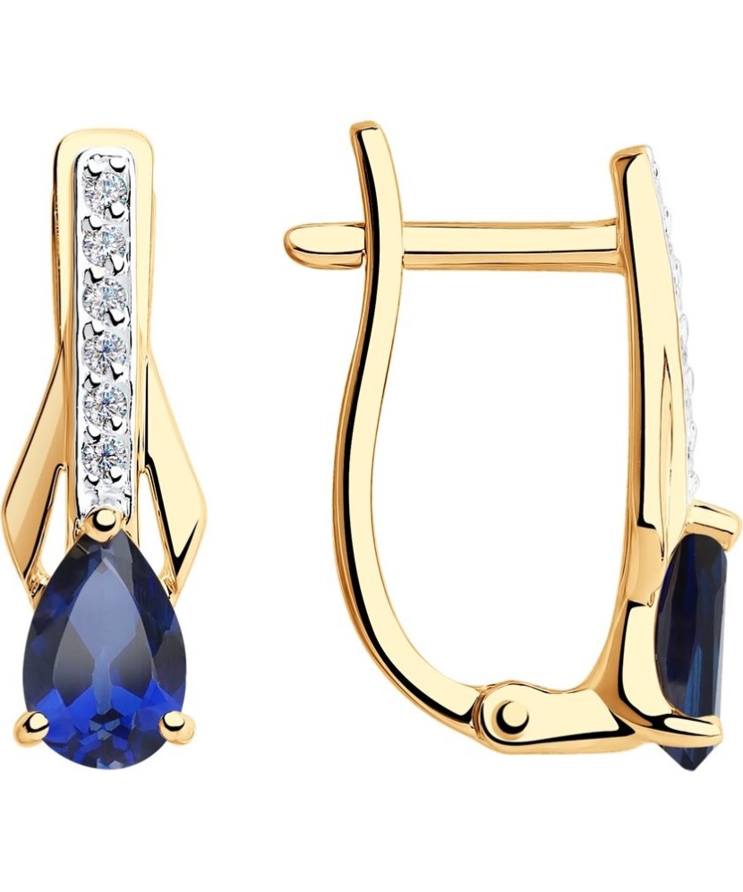 Auksniai auskarai su mėlynuoju korundu ir cirkoniais - Auksiniai auskarai - Goldinga