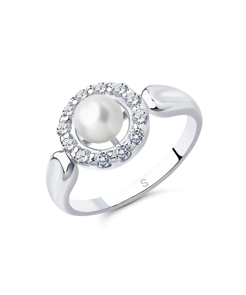 Sidabrinis žiedas su sint. Perlu ir cirkoniais - Sidabriniai žiedai - Goldinga
