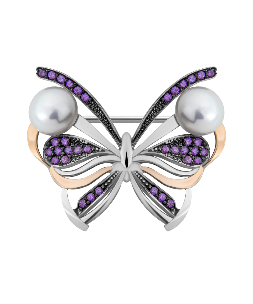 Sidabrinė sagė su cirkoniais ir perlais dengta auksu - Sagės - Goldinga