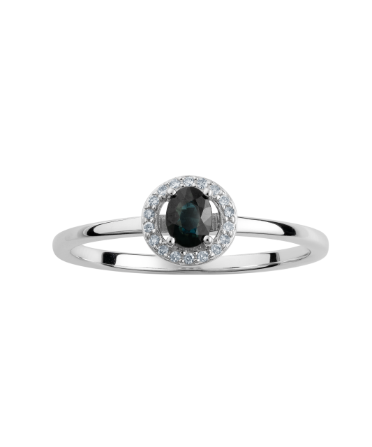 Balto aukso žiedas su deimantais ir safyru - Auksiniai Žiedai su brangakmeniais - Goldinga