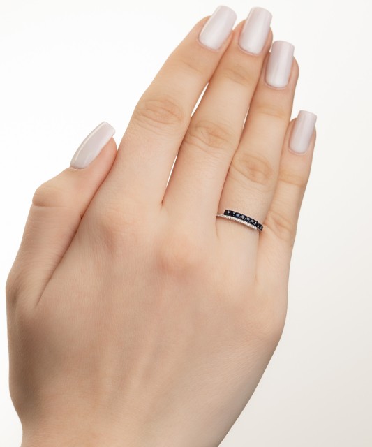 Balto aukso žiedas su safyrais ir deimantais - Auksiniai Žiedai su brangakmeniais - Goldinga