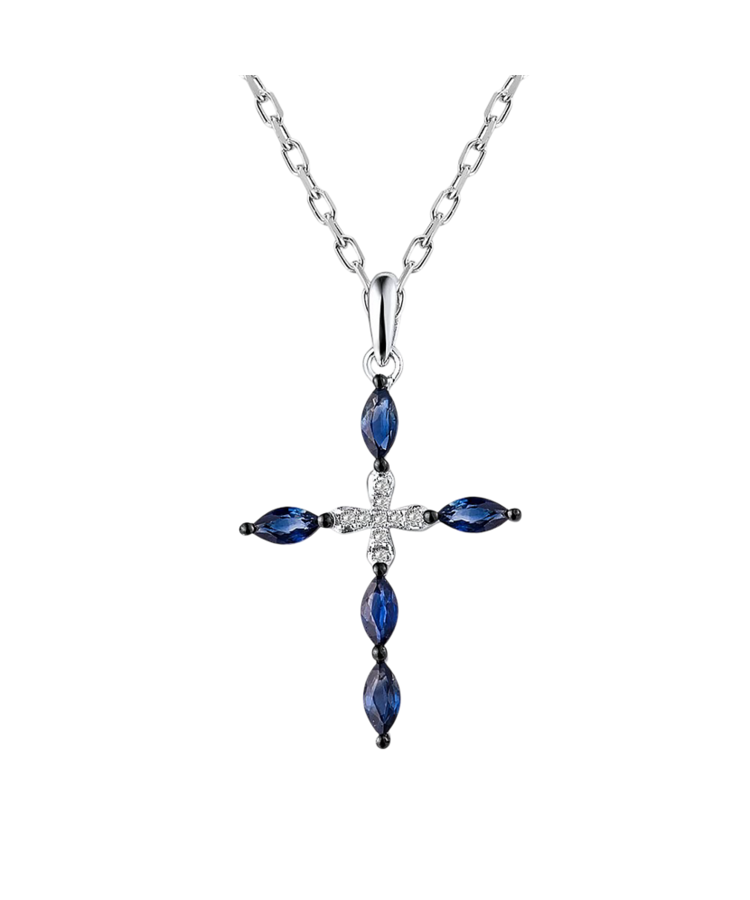 Balto aukso pakabukas su deimantais ir safyrais "Kryželis"