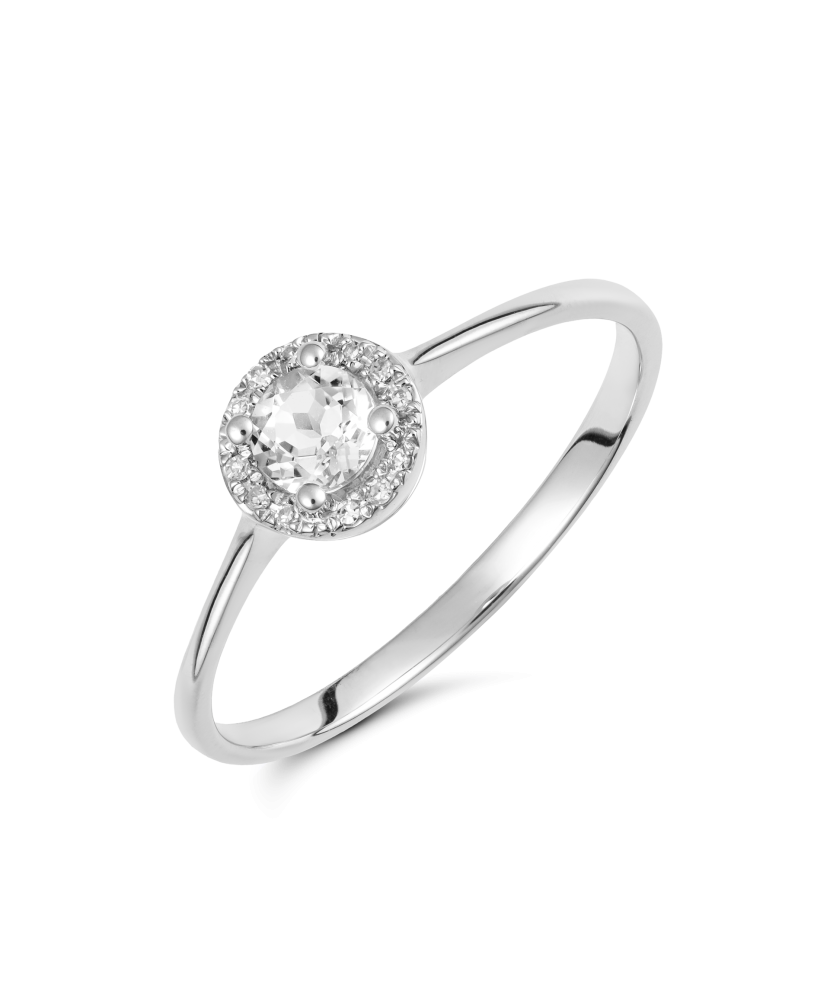 Balto aukso žiedas su deimantais ir skaidriu topazu - Auksiniai žiedai - Goldinga