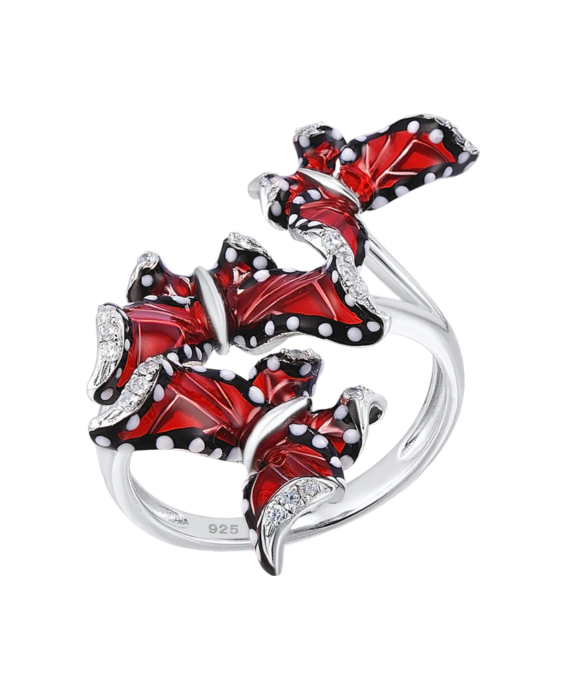 Sidabrinis žiedas su cirkoniais ir emale "Drugeliai"  - Goldinga