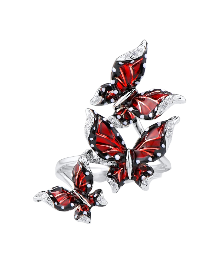 Sidabrinis žiedas su cirkoniais ir emale "Drugeliai"  - Goldinga