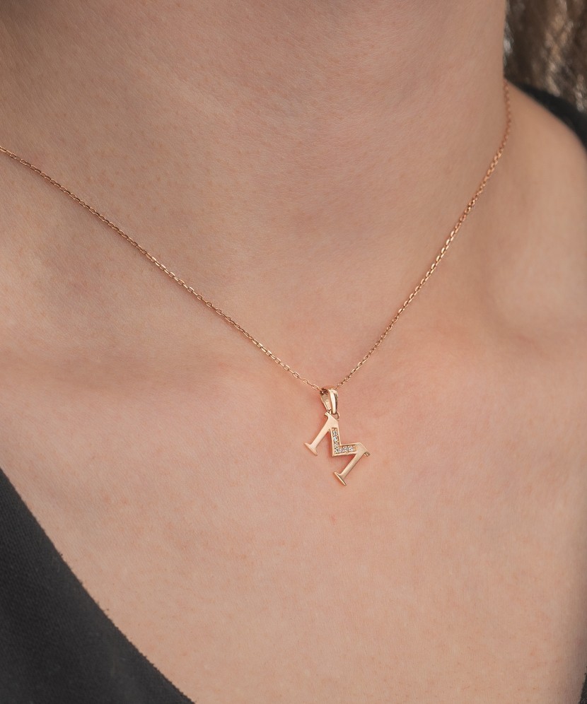 Auksinis pakabukas su cirkoniais raidė M - Auksiniai pakabukai - Goldinga