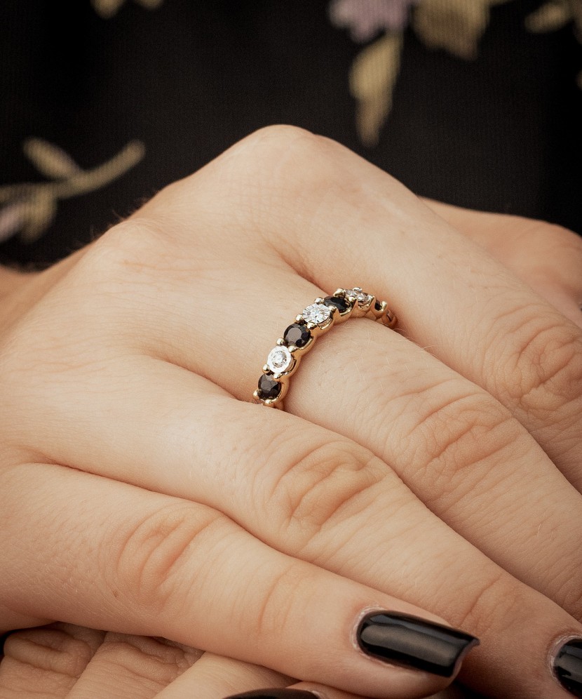 Geltono aukso žiedas su deimantais ir safyrais - Auksiniai Žiedai su brangakmeniais - Goldinga