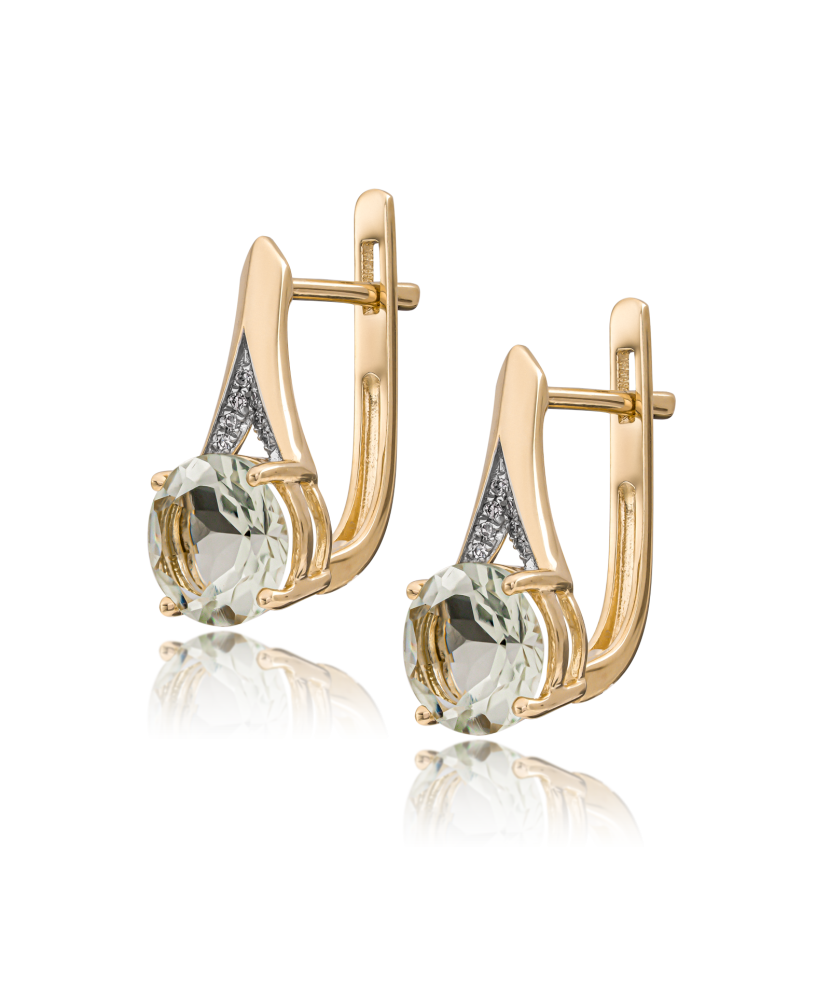 Geltono aukso auskarai su deimantais ir žaliuoju ametistu