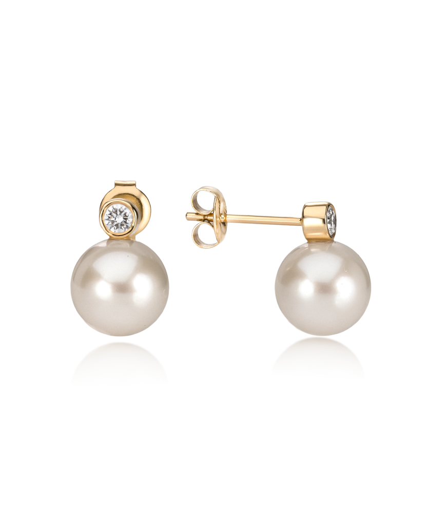 Geltono aukso auskarai su deimantais ir perlais