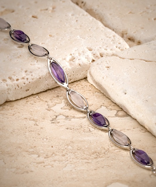 Sidabrinė apyrankė su ametistais ir rožiniais kvarcais  - Goldinga