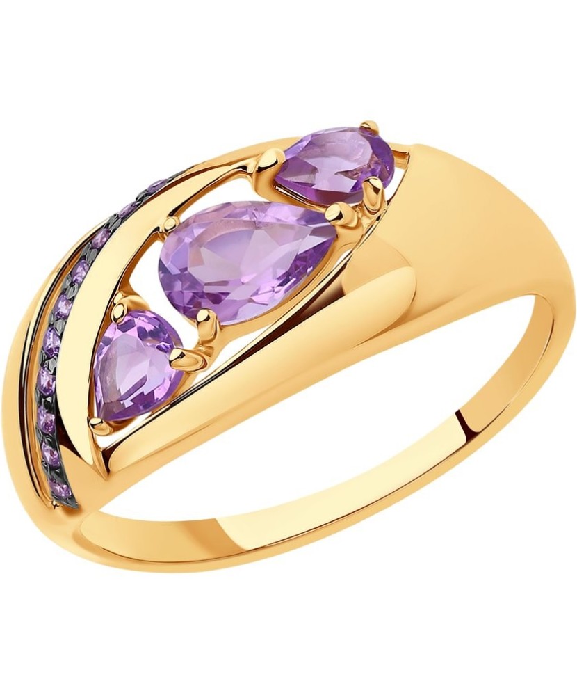 Auksinis žiedas su cirkoniais ir ametistais - Auksiniai žiedai - Goldinga