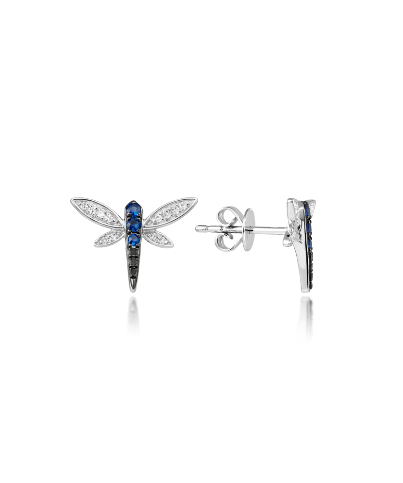 Balto aukso auskarai su safyrais, juodaisiais deimantais ir deimantais