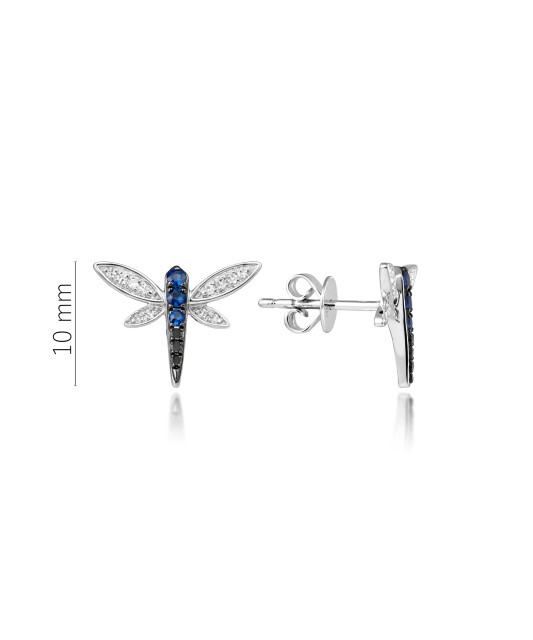 Balto aukso auskarai su safyrais, juodaisiais deimantais ir deimantais