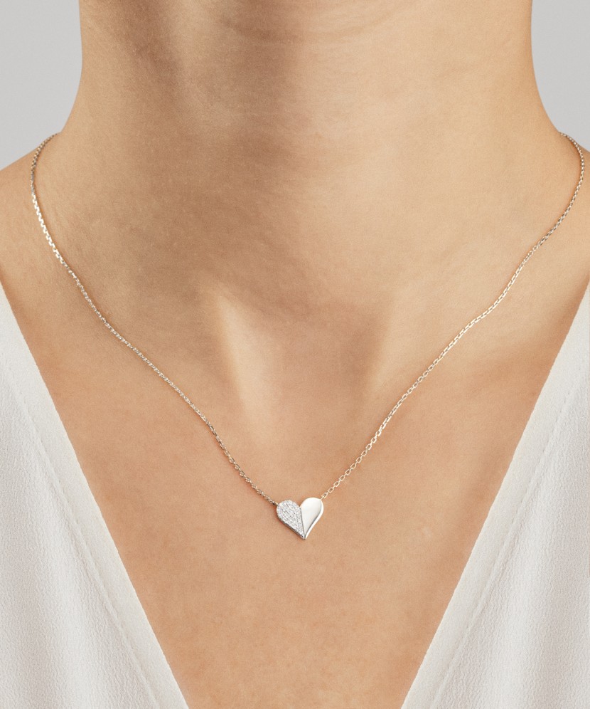 Balto aukso  Grandinėlė Su deimantiniu Pakabuku "Širdelė"