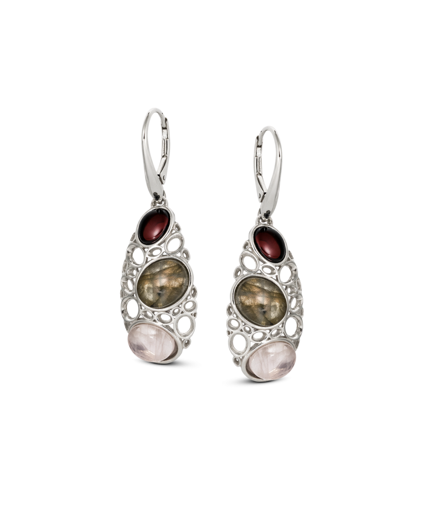 Sidabriniai auskarai su gintarais ir labradoritais