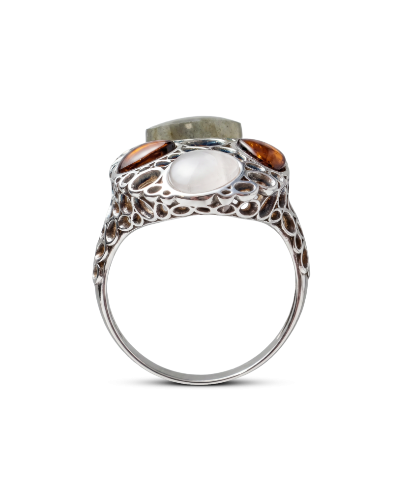 Sidabrinis žiedas su gintaru ir labradoritu