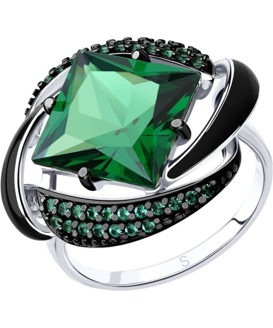 Sidabrinis žiedas su žaliuoju sitalu, cirkoniu ir emale - Sidabriniai žiedai - Goldinga