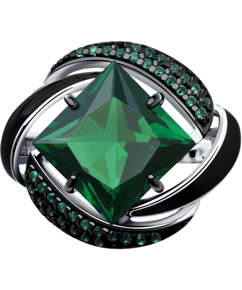 Sidabrinis žiedas su žaliuoju sitalu, cirkoniu ir emale - Sidabriniai žiedai - Goldinga