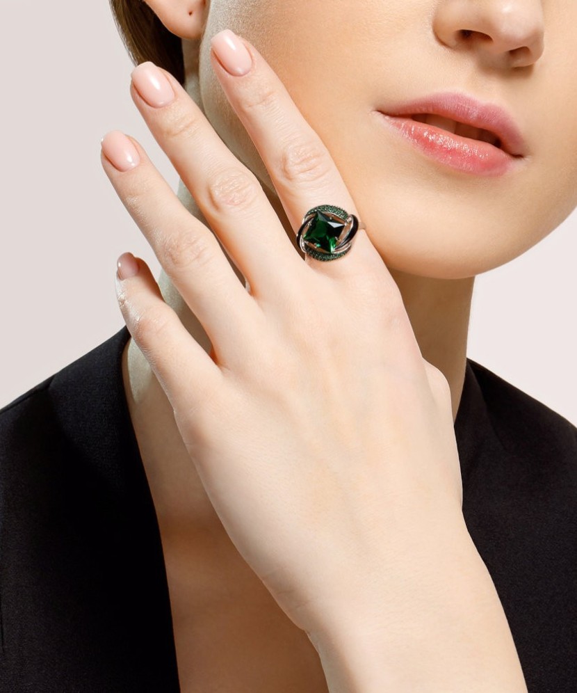 Sidabrinis žiedas su žaliuoju sitalu, cirkoniu ir emale - Sidabriniai žiedai - Goldinga