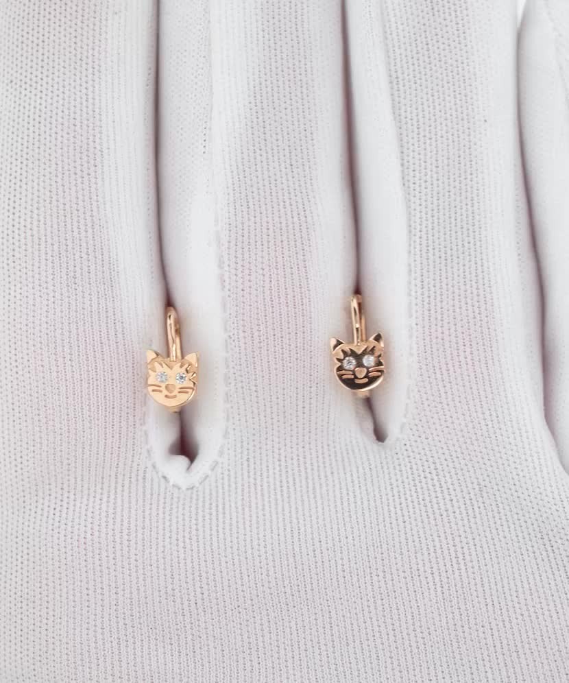 Auksiniai auskarai su cirkoniais "Katinas" - Vaikiški auskarai - Goldinga