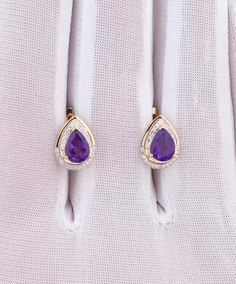 Geltono aukso auskarai su deimantais ir ametistais