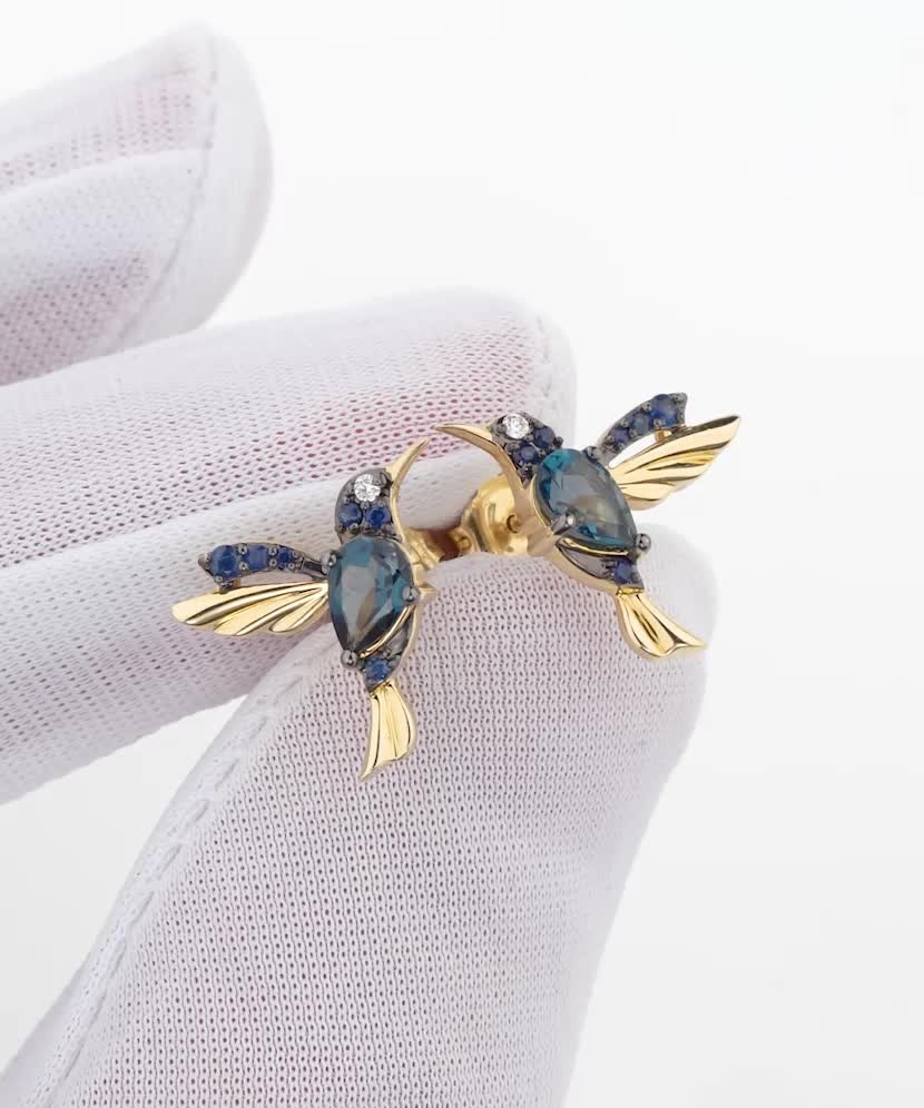 Geltono aukso auskarai su safyrais, topazais ir demantais